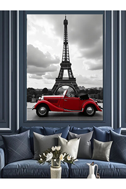 KanvasSepeti Pictură în ulei decorativă cu mașină roșie și Turnul Eiffel, tex...