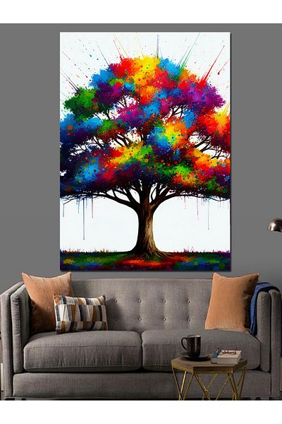 Tablomega Rainbow Colored Tree Decorative Canvas - Mdf Wooden Painting