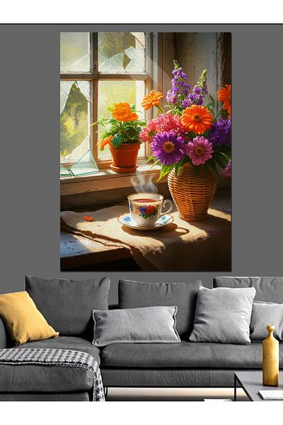 Tablomega Tea by the Window Decorative Canvas - Mdf Wooden Table