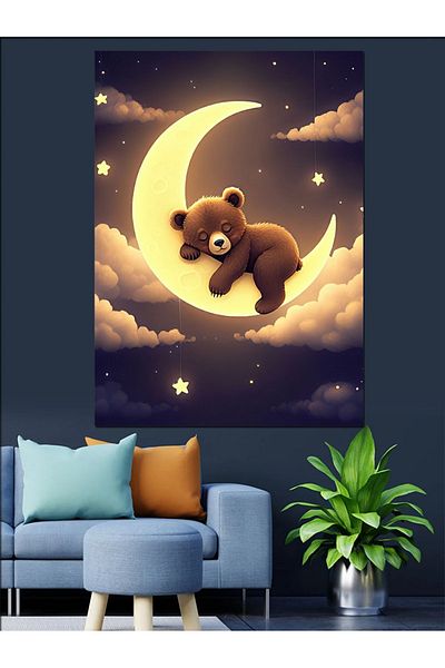 Tablomega Bear Sleeping on the Moon Decorative Canvas - Mdf Wooden Painting