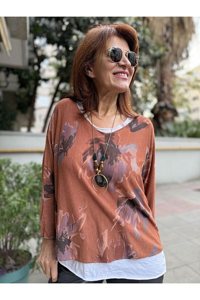 DenizEge Ιταλική μπλούζα με λουλούδια κανέλα