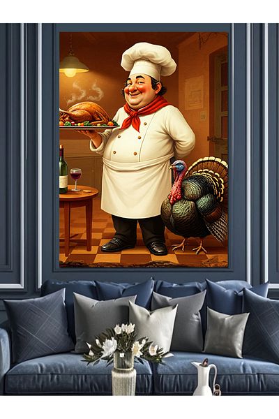 Tablomega Chef and Turkey Dinner Decorative Canvas - Mdf Wooden Painting