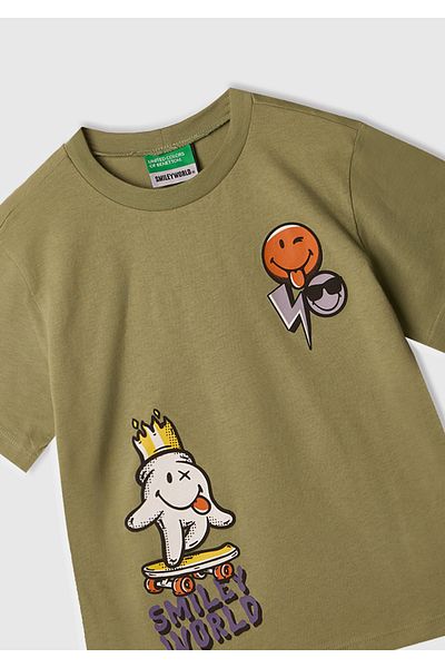 United Colors of Benetton Tricou cu etichetă cu logo-ul Smiley World kaki pentru băiat