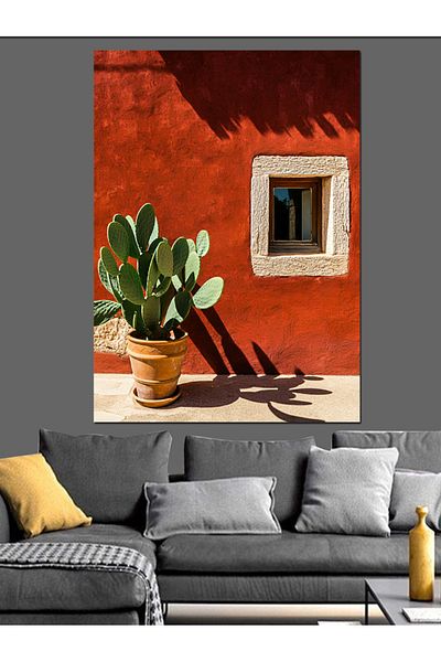 Tablomega Red Wall And Cactus Details Decorative Canvas - Mdf Wood Table