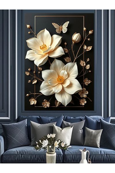 Tablomega Stylish White Flowers Decorative Canvas - Mdf Wooden Painting