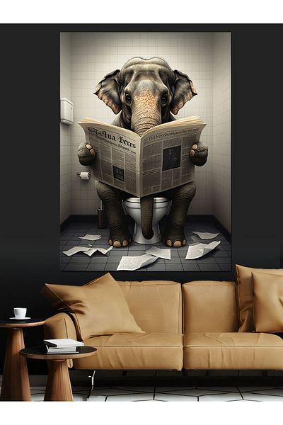 Tablomega Journalist Elephant and Toilet Decorative Canvas - Mdf Wooden Painting