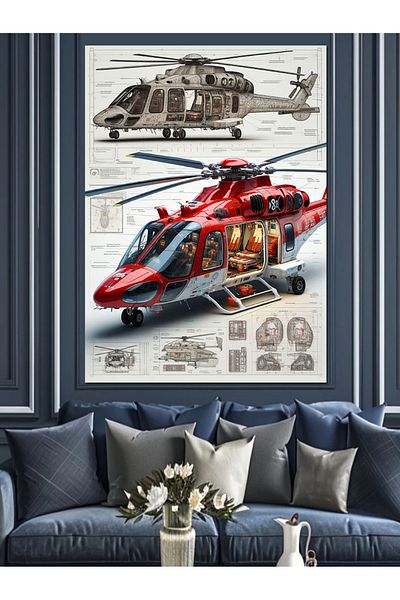 Tablomega Red Rescue Helicopter Decorative Canvas - Mdf Wood Painting