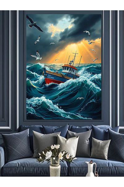 Tablomega Fishing Boat in Storm Decorative Canvas - Mdf Wooden Painting