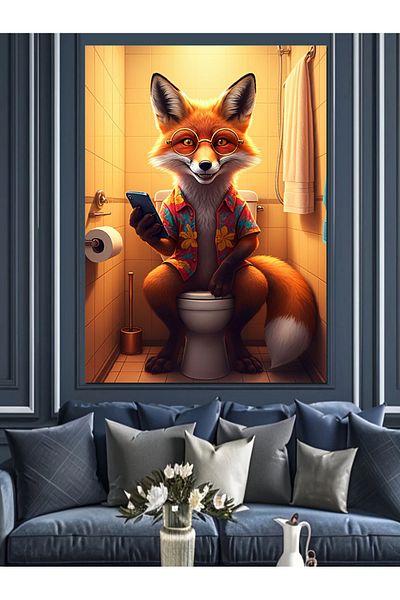 Tablomega Fox in the Toilet Decorative Canvas - Mdf Wooden Painting