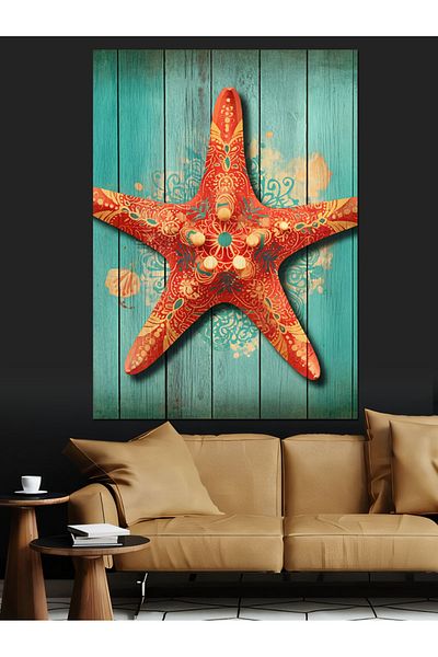 Tablomega Starfish and Turquoise Wooden Decorative Canvas - Mdf Wooden Painting