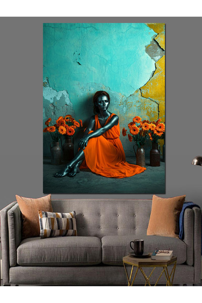 ekart Turunculu Kadın Ve Çiçek Dekoratif Kanvas - Mdf Ahşap Tablo