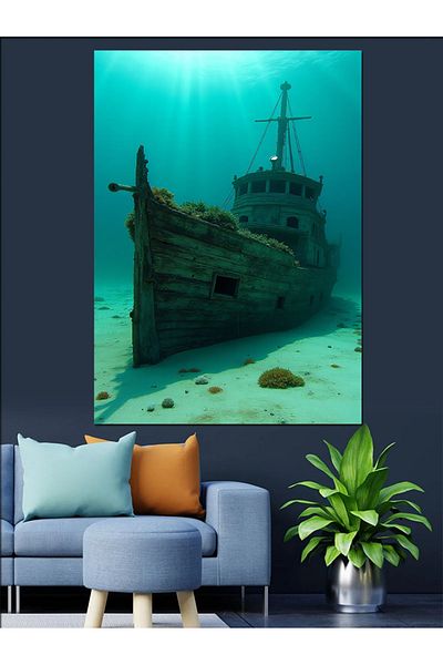 Tablomega Sunken Ship and Underwater Landscape Decorative Canvas - Mdf Wooden Painting