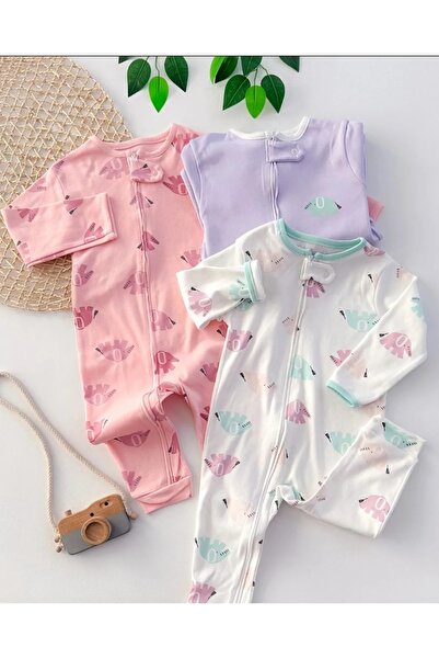 DEFNE LİNA BABY Kız Bebek Desenli 3’lü Tulum Set %100 Pamuk Mevsimlik Renkli