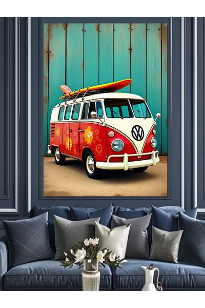 Tablomega Classic Red Vosvos Decorative Canvas - Mdf Wooden Table