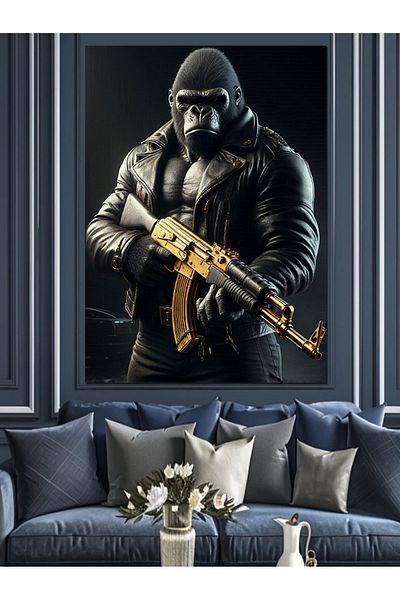 Tablomega Gorilla's Seriousness with Gun Decorative Canvas - Mdf Wooden Painting