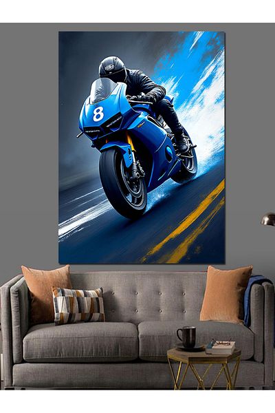Tablomega Blue Motor Speed ​​Decorative Canvas - Mdf Wooden Painting