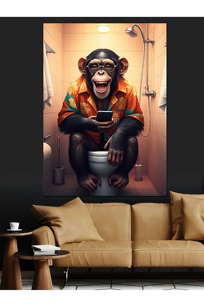 Tablomega The Pleasure of Laughing Monkey in the Toilet Decorative Canvas - Mdf Wooden Painting