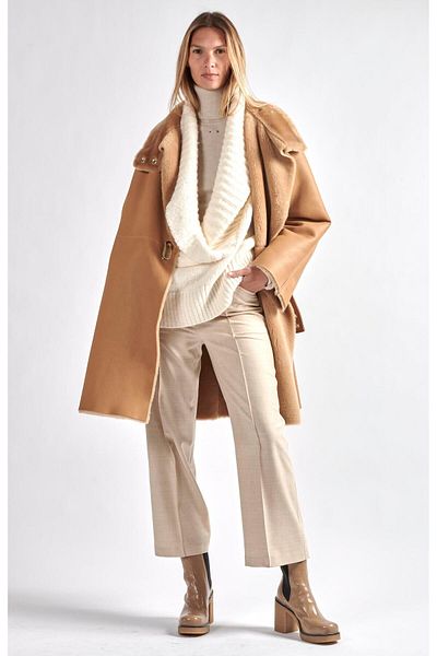 Barbara Bui Fur Inside Stand Collar Oversize Belt Detailed Leather Coat