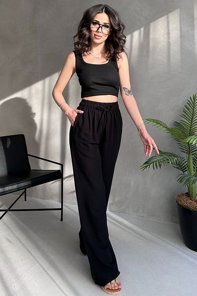 Lin Collection Women's Black Linen Trousers with Pockets, Relaxed Fit, Summer, Elastic Waist