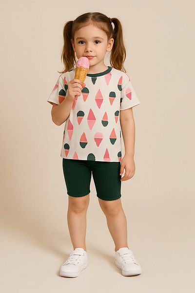 LUESS 2-3 Years 7-8 Years Old Girl's Double Set - Ice Cream Pattern