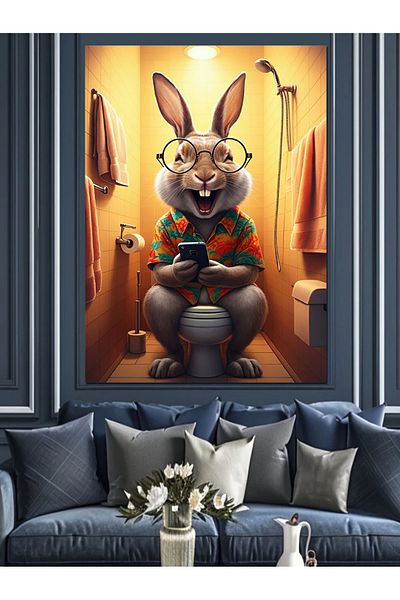 Tablomega Rabbit in the Toilet Decorative Canvas - Mdf Wooden Painting