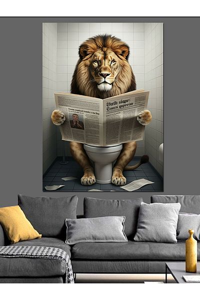 Tablomega Lion Reading Newspaper in the Toilet Decorative Canvas - Mdf Wooden Painting