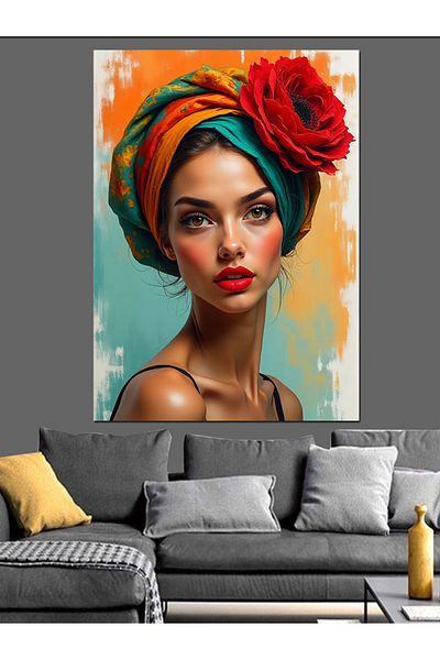 Tablomega Woman with Floral Head Scarf Decorative Canvas - Mdf Wooden Painting