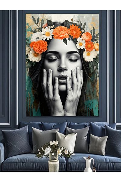 Tablomega Pânză decorativă pentru femei cu coroană de flori - Lemn MDF