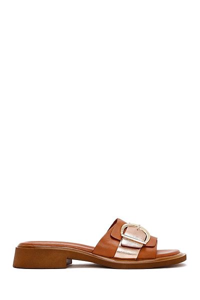 Derimod Women's Tan Buckle Leather Slippers 25Sfd 361414