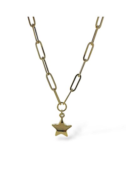 MaGold İtalyan Işıltılı Ataç Zincir Taşsız Yıldız Çok Şık Günlük Altın Kolye