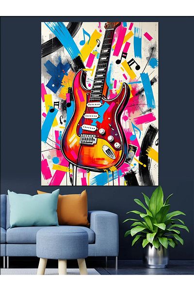 Tablomega Guitar Decorative Canvas with the Dance of Colors - Mdf Wood Painting