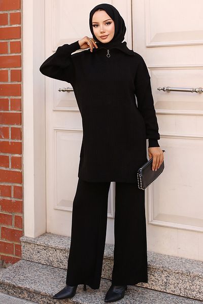 giyze Ribbed Knitwear Suit with Zippered Collar Black 11036-35