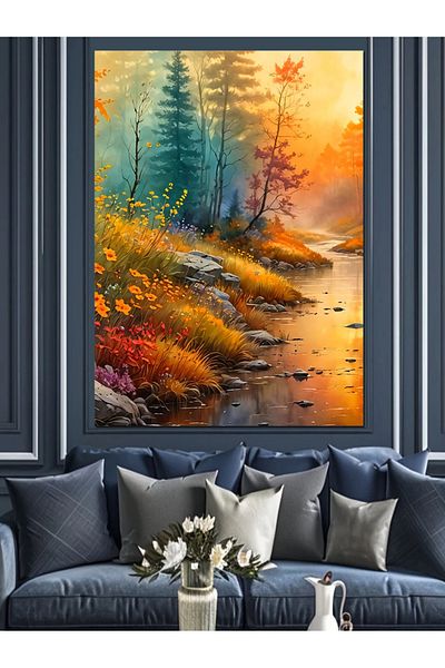 Tablomega Autumn Creek and Landscape Decorative Canvas - Mdf Wooden Painting