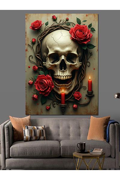 Tablomega Skull and Red Roses Composition Decorative Canvas - Mdf Wooden Painting