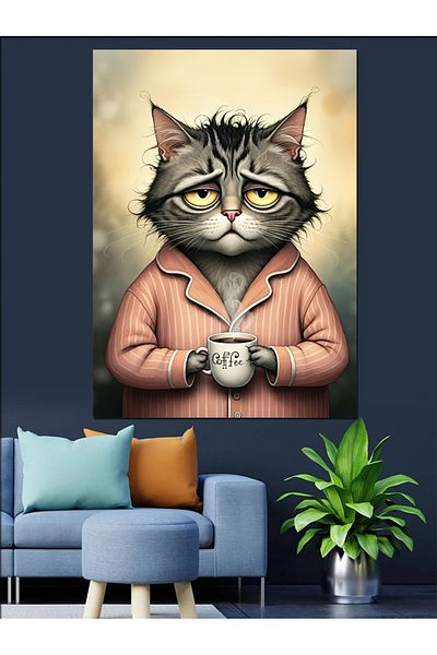 Tablomega Coffee and Cat Decorative Canvas - Mdf Wooden Painting