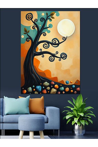 Tablomega Abstract Tree and Moon Decorative Canvas - Mdf Wooden Painting