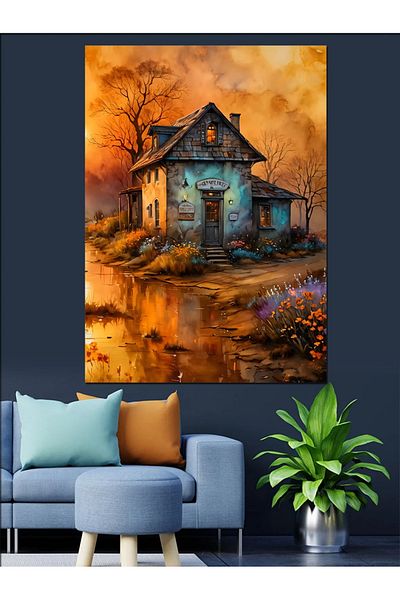 Tablomega Lonely Village House Decorative Canvas - Mdf Wood Table