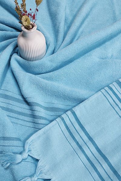 Sevim Turquoise Striped Cotton Towel Peshtemal - 90x170 Cm - Quality and Soft