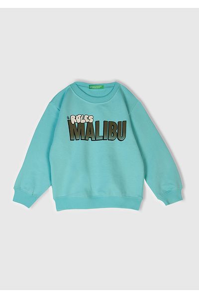 United Colors of Benetton Суитшърт с кръгло деколте и щампа отпред, за момче, аква зелен