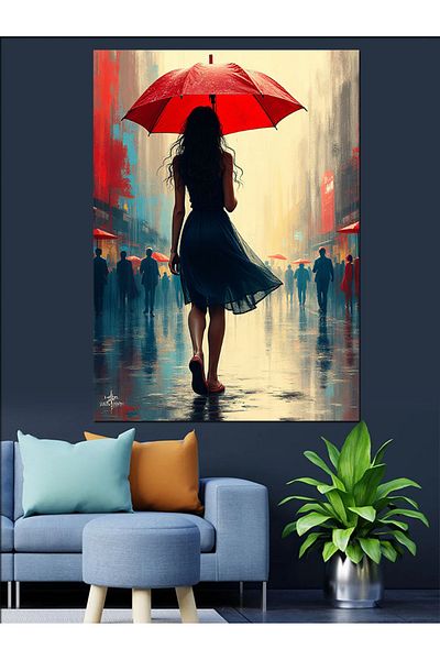 Tablomega Walking in the Rain with Red Umbrella Decorative Canvas - Mdf Wooden Painting
