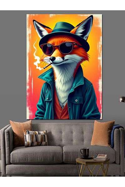 Tablomega Fox in Hat and Stylish Decorative Canvas - Mdf Wooden Painting