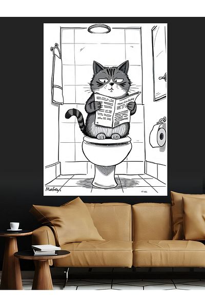 Tablomega Cat Reading Newspaper in the Toilet Decorative Canvas - Mdf Wooden Painting