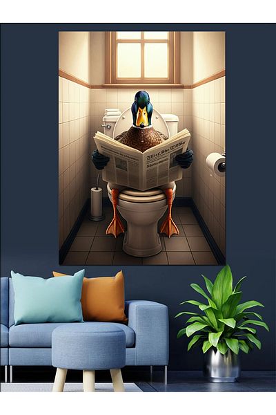 Tablomega Duck Reading Newspaper in Toilet Decorative Canvas - Mdf Wooden Painting
