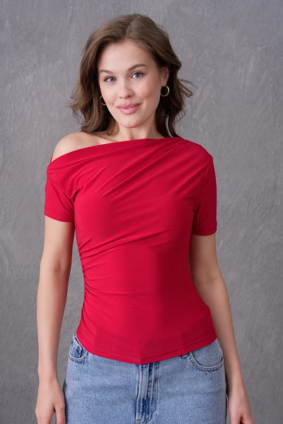 bayansepeti Flexible Sandy Fabric Drape Design Short Sleeve Basic Red Blouse 13433