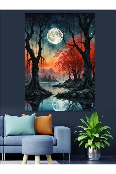 Tablomega Red Moon and Tree Nature Illustration Decorative Canvas - Mdf Wooden Painting