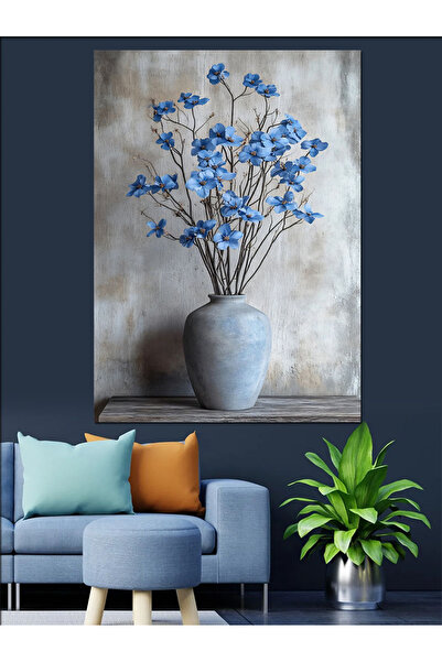 ekart Vazoda Mavi Çiçekler Dekoratif Kanvas - Mdf Ahşap Tablo