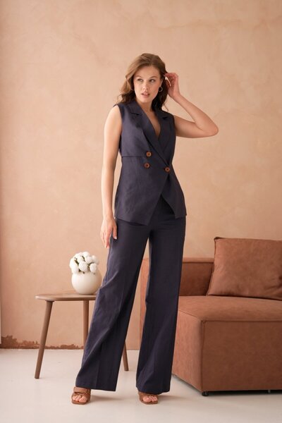 nodilife Navy Blue Linen Women's Suit