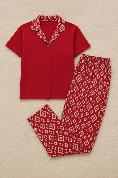 Mihra Mi̇hra Women Soft Textured Front Buttoned Half Sleeve Combed Cotton Pajamas Set
