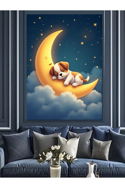 Tablomega Dog Sleeping on the Moon Decorative Canvas - Mdf Wooden Painting