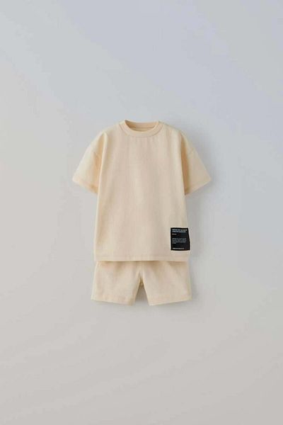Magu Unisex Παιδικό βαμβακερό εκρού σλόγκαν Λεπτομερές μπλουζάκι και σορτς σετ Minimal Style